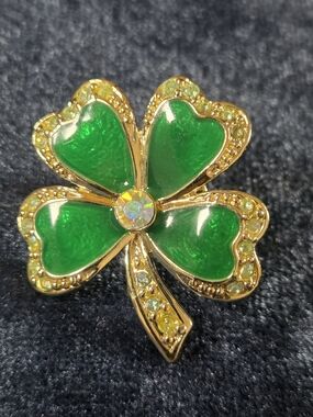 Lucky 🍀 Green Enamel & Crystal Four Leaf Clover Pin